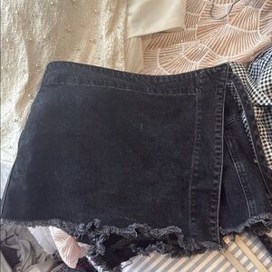 Black Denim Frayed Hem Skirt